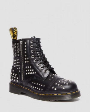 Dr Martens 1460 Studded Zip Atlas Leather Men Lace Up Boots Black | USA-438957