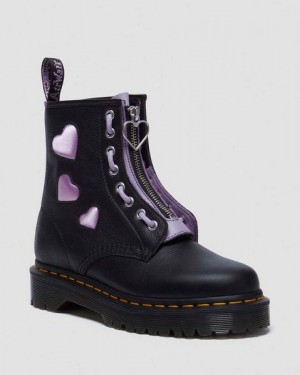 Dr Martens 1460 Zip Heart Virgina Satin Lux Women Lace Up Boots Black / Purple | USA-302149