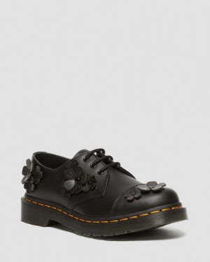 Dr Martens 1461 Flower Applique Leather Women Oxford Shoes Black | USA-180374