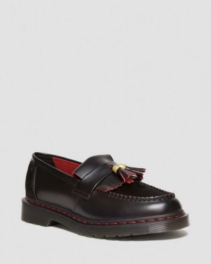 Dr Martens Adrian Year of the Dragon Hair-On Tassel Women Loafers Black / Red | USA-58423