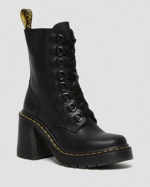 Dr Martens Chesney Leather Flared Heel Women Lace Up Boots Black | USA-186207