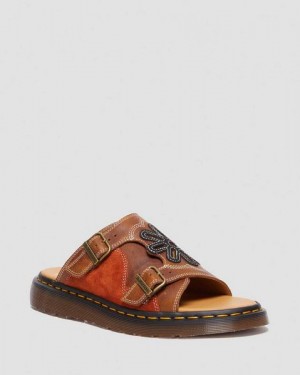 Dr Martens Dayne Made in England Leather & Suede Applique Men Slide Sandals Brown / Black / Orange | USA-803125