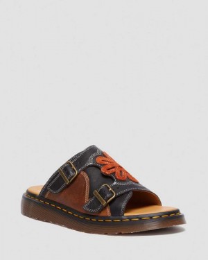 Dr Martens Dayne Made in England Leather & Suede Applique Women Slide Sandals Black / Brown / Orange | USA-439587