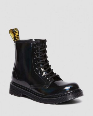 Dr Martens Junior 1460 Rainbow Patent Leather Kids' Lace Up Boots Black / Multicolor | USA-760183