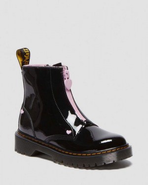 Dr Martens Junior Heart Nappa Patent Leather Women Pull On Boots Black / Pink | USA-59632