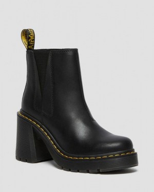 Dr Martens Spence Leather Flared Heel Women Chelsea Boots Black | USA-398076