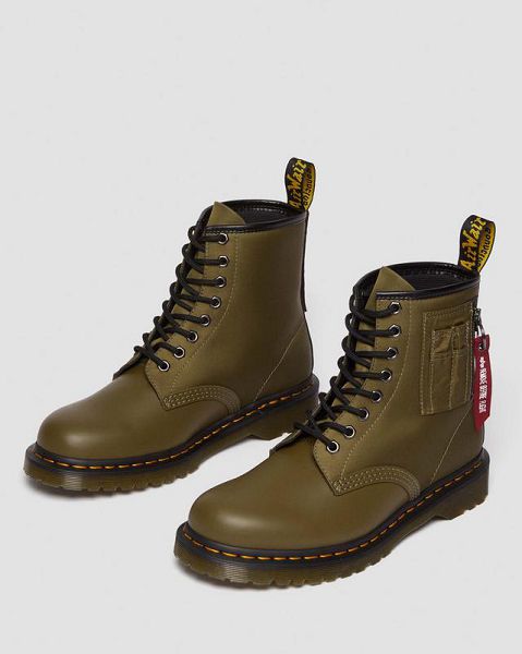 Dr Martens 1460 Ben Alpha Industries Nylon & Leather Women Lace Up Boots Olive / Black | USA-198270