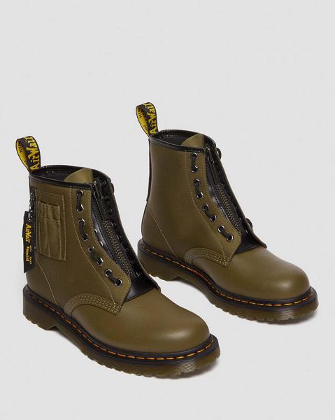 Dr Martens 1460 Ben Alpha Industries Nylon & Leather Women Lace Up Boots Olive / Black | USA-198270