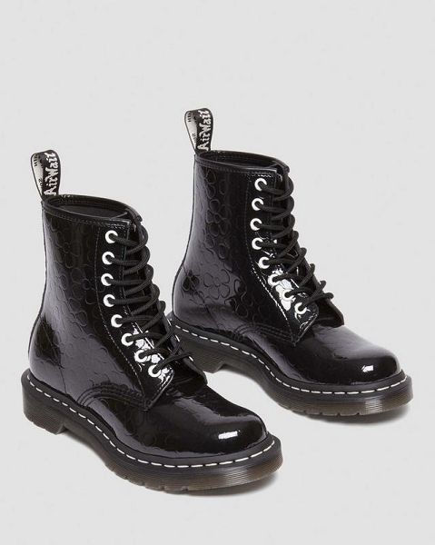 Dr Martens 1460 Flower Emboss Patent Leather Women Lace Up Boots Black | USA-401627