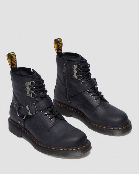 Dr Martens 1460 Hardware Antique Leather Women Lace Up Boots Black / Yellow | USA-354978