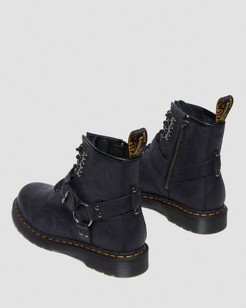 Dr Martens 1460 Hardware Antique Leather Women Lace Up Boots Black / Yellow | USA-354978