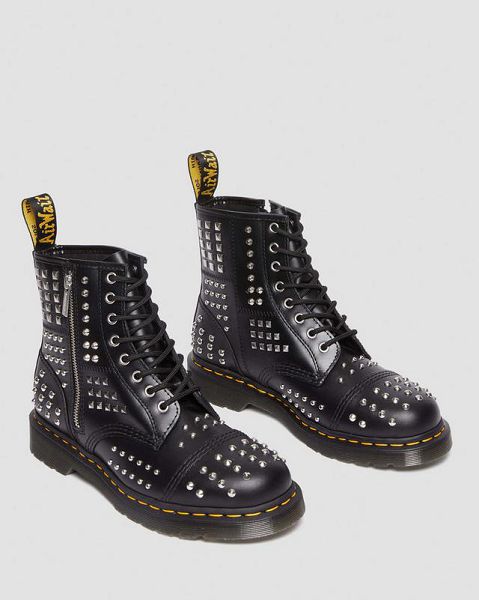 Dr Martens 1460 Studded Zip Atlas Leather Women Lace Up Boots Black | USA-807416