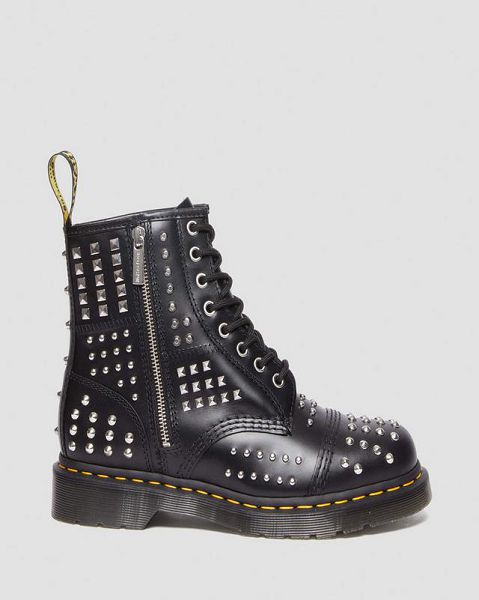 Dr Martens 1460 Studded Zip Atlas Leather Women Lace Up Boots Black | USA-807416