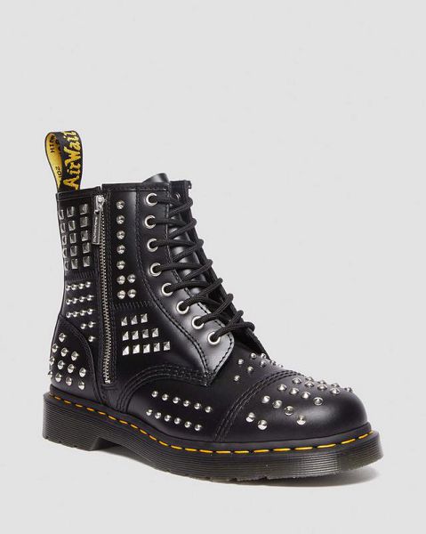 Dr Martens 1460 Studded Zip Atlas Leather Women Lace Up Boots Black | USA-807416