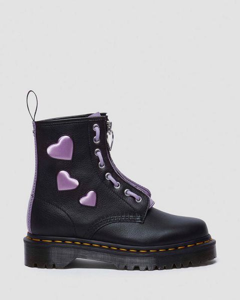 Dr Martens 1460 Zip Heart Virgina Satin Lux Women Lace Up Boots Black / Purple | USA-302149