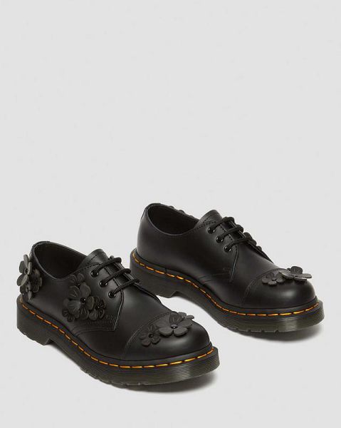 Dr Martens 1461 Flower Applique Leather Men Oxford Shoes Black | USA-370481