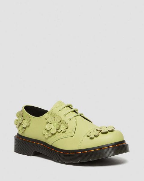 Dr Martens 1461 Flower Applique Leather Women Oxford Shoes Light Green | USA-285139