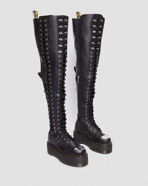 Dr Martens 28-Eye Extreme Max Virginia Leather Women Knee-high Boots Black | USA-138952