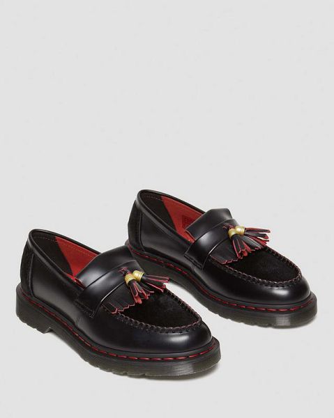 Dr Martens Adrian Year of the Dragon Hair-On Tassel Women Loafers Black / Red | USA-906814