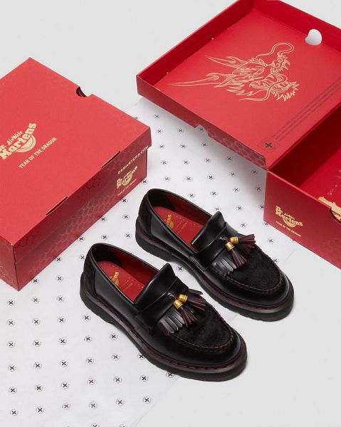 Dr Martens Adrian Year of the Dragon Hair-On Tassel Women Loafers Black / Red | USA-906814