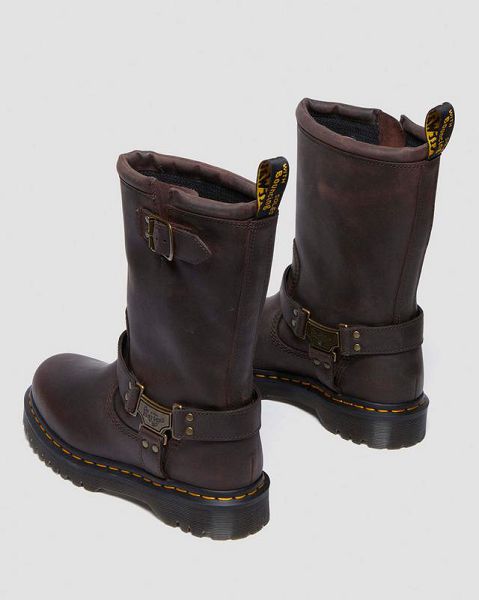 Dr Martens Anistone Hi Leather Women Biker Boots Dark Brown | USA-756194