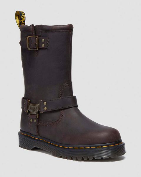 Dr Martens Anistone Hi Leather Women Biker Boots Dark Brown | USA-756194