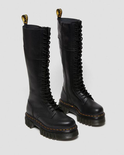 Dr Martens Audrick 20-Eye Leather Platform Women Knee-high Boots Black | USA-281063