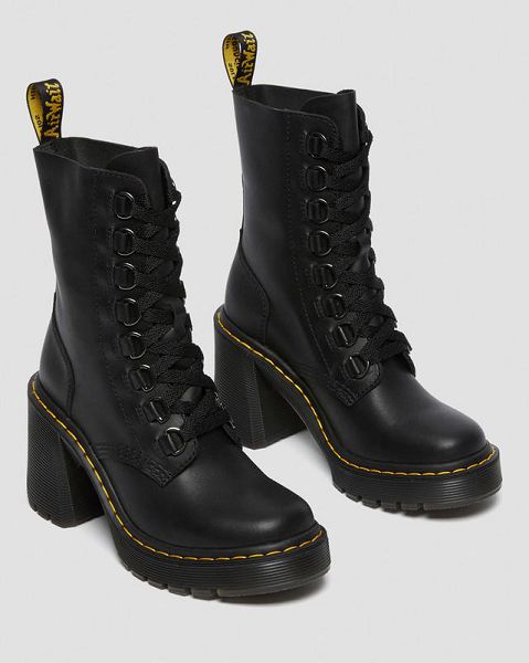 Dr Martens Chesney Leather Flared Heel Women Lace Up Boots Black | USA-186207