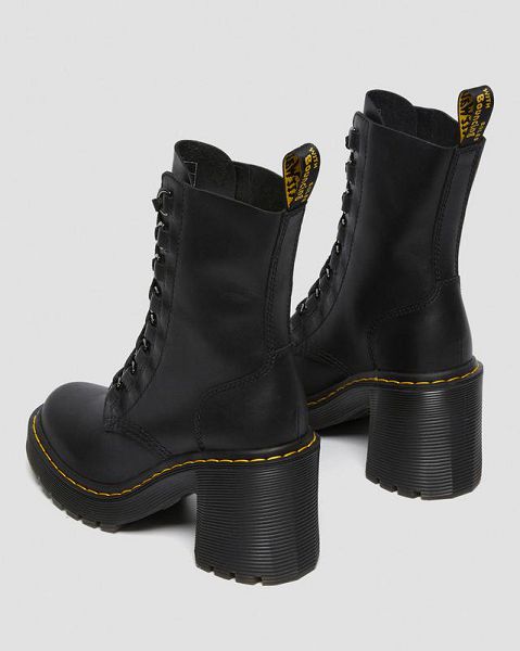 Dr Martens Chesney Leather Flared Heel Women Lace Up Boots Black | USA-186207