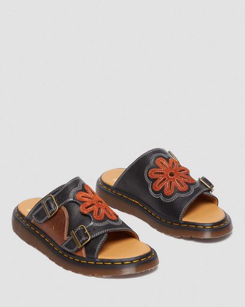 Dr Martens Dayne Made in England Leather & Suede Applique Men Slide Sandals Black / Brown / Orange | USA-915804