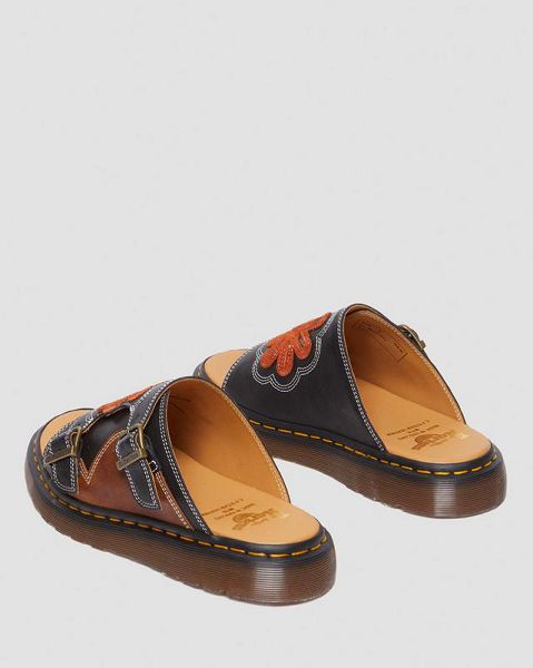 Dr Martens Dayne Made in England Leather & Suede Applique Men Slide Sandals Black / Brown / Orange | USA-915804