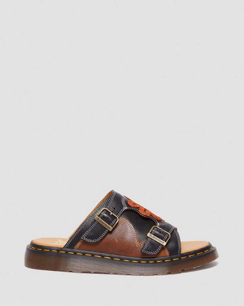 Dr Martens Dayne Made in England Leather & Suede Applique Men Slide Sandals Black / Brown / Orange | USA-915804