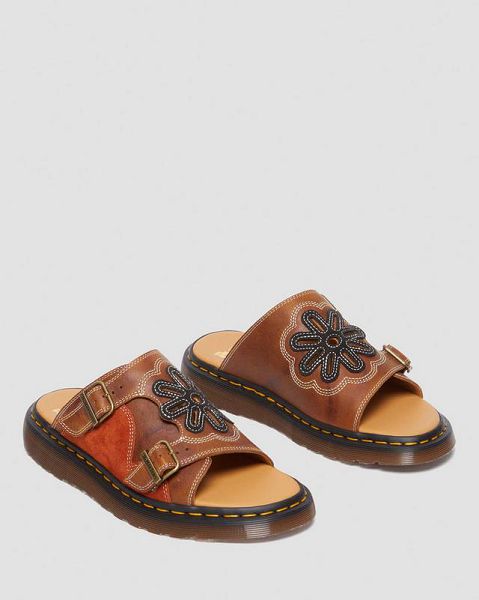 Dr Martens Dayne Made in England Leather & Suede Applique Men Slide Sandals Brown / Black / Orange | USA-803125