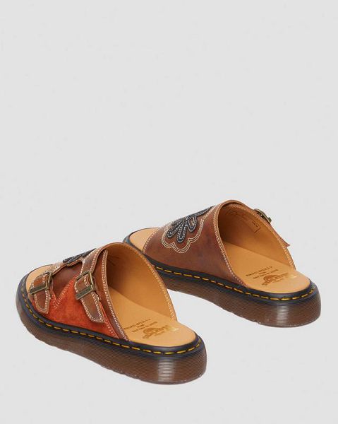 Dr Martens Dayne Made in England Leather & Suede Applique Men Slide Sandals Brown / Black / Orange | USA-803125