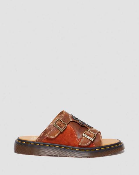 Dr Martens Dayne Made in England Leather & Suede Applique Men Slide Sandals Brown / Black / Orange | USA-803125