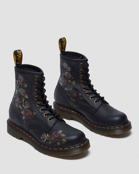 Dr Martens Decayed Roses Lace Up Women 1460 Boots Black | USA-721540