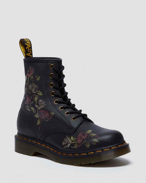 Dr Martens Decayed Roses Lace Up Women 1460 Boots Black | USA-721540