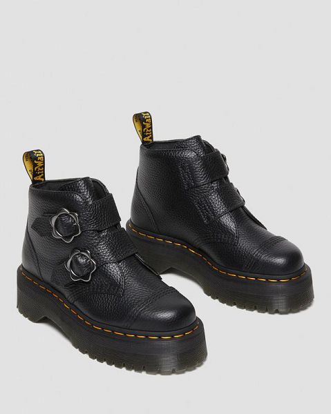 Dr Martens Devon Flower Buckle Leather Women Platform Boots Black | USA-875962