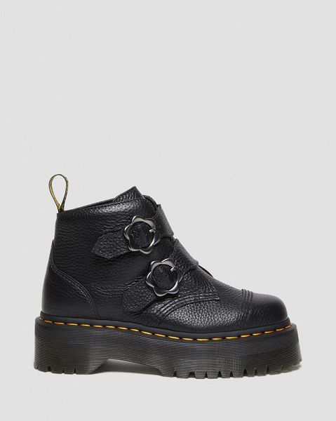 Dr Martens Devon Flower Buckle Leather Women Platform Boots Black | USA-875962