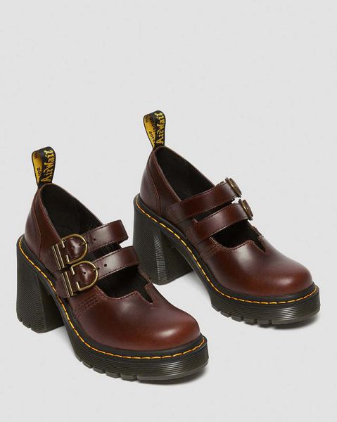 Dr Martens Eviee Leather Heeled Women Mary Jane Shoes Dark Brown | USA-963240