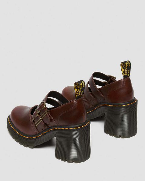 Dr Martens Eviee Leather Heeled Women Mary Jane Shoes Dark Brown | USA-963240