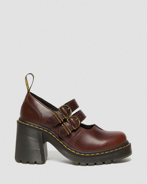 Dr Martens Eviee Leather Heeled Women Mary Jane Shoes Dark Brown | USA-963240