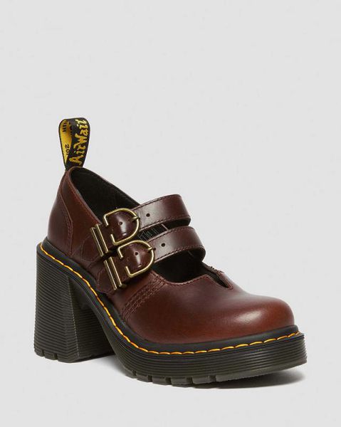 Dr Martens Eviee Leather Heeled Women Mary Jane Shoes Dark Brown | USA-963240