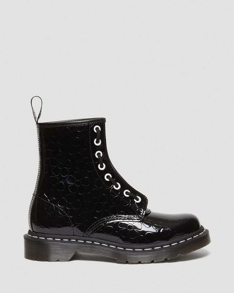 Dr Martens Flower Emboss Patent Leather Lace Up Women 1460 Boots Black | USA-836250