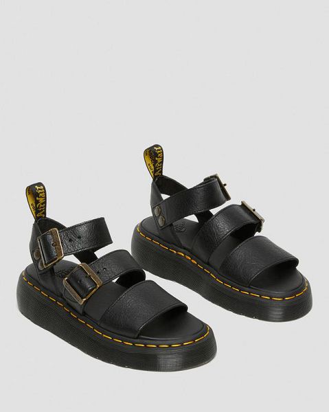 Dr Martens Gryphon Pisa Leather Women Platform Sandals Black | USA-841309