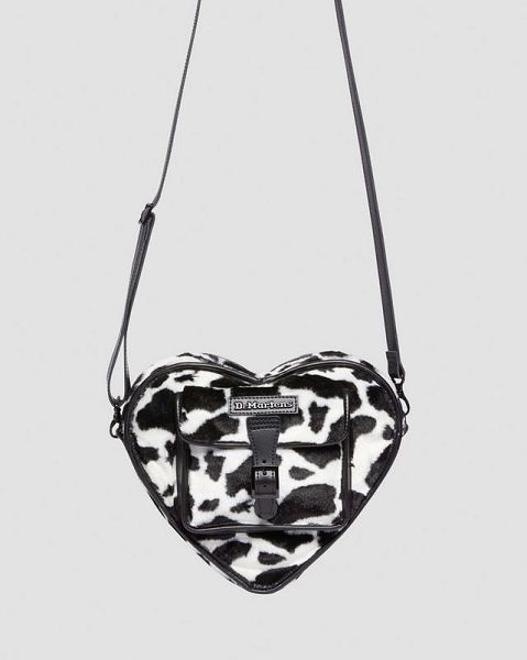 Dr Martens Heart Shaped Faux Fur Cow Print Accessories Backpack Black / White | USA-641382