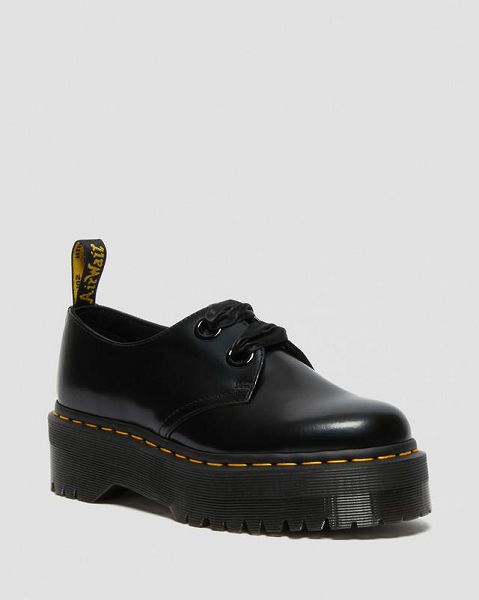 Dr Martens Holly Leather Women Platform Shoes Black | USA-380961