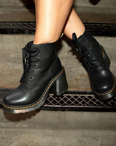 Dr Martens Jesy Sendal Leather Lace Up Flared Women Heeled Boots Black | USA-816703