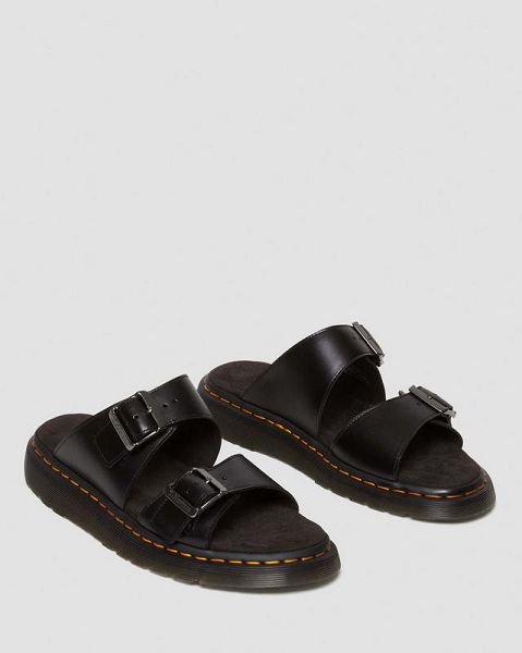 Dr Martens Josef Analine Leather Buckle Men Slide Sandals Black | USA-267541