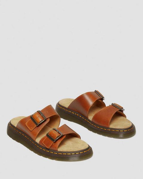 Dr Martens Josef Analine Leather Buckle Men Slide Sandals Brown | USA-304158